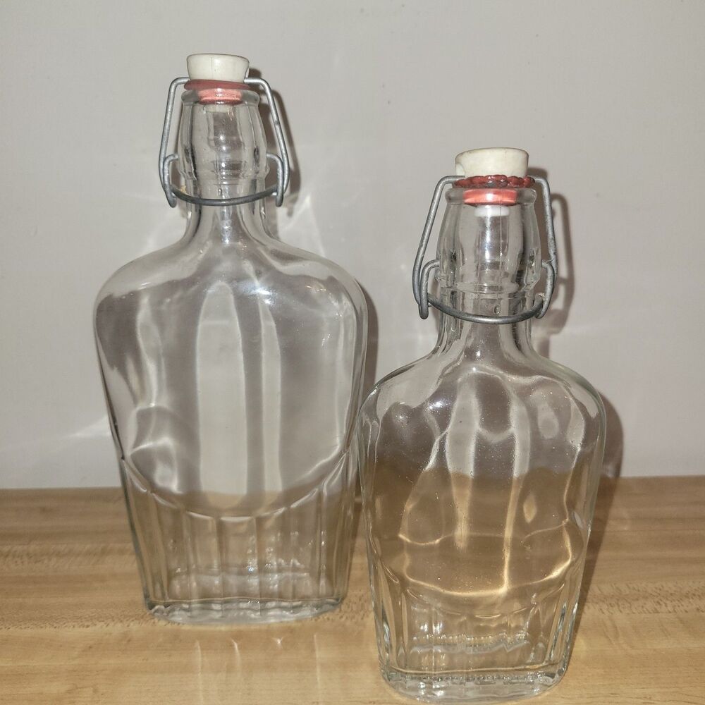 Set Of 2 Bormioli Rocco Flask with Metal Clamp Top .5 L & .25 L